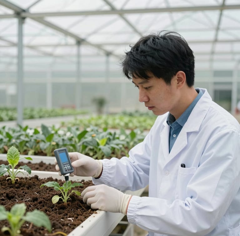 Agronomist measuring soil and plant health parameters with digital sensor in a modern greenhouse, soft natural daylight, scientific precision