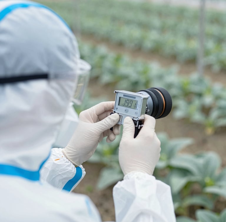 Close-up of a technical specialist in sterile protective gear taking precise field measurements with clinical instruments, bright daylight, desaturated cool tones