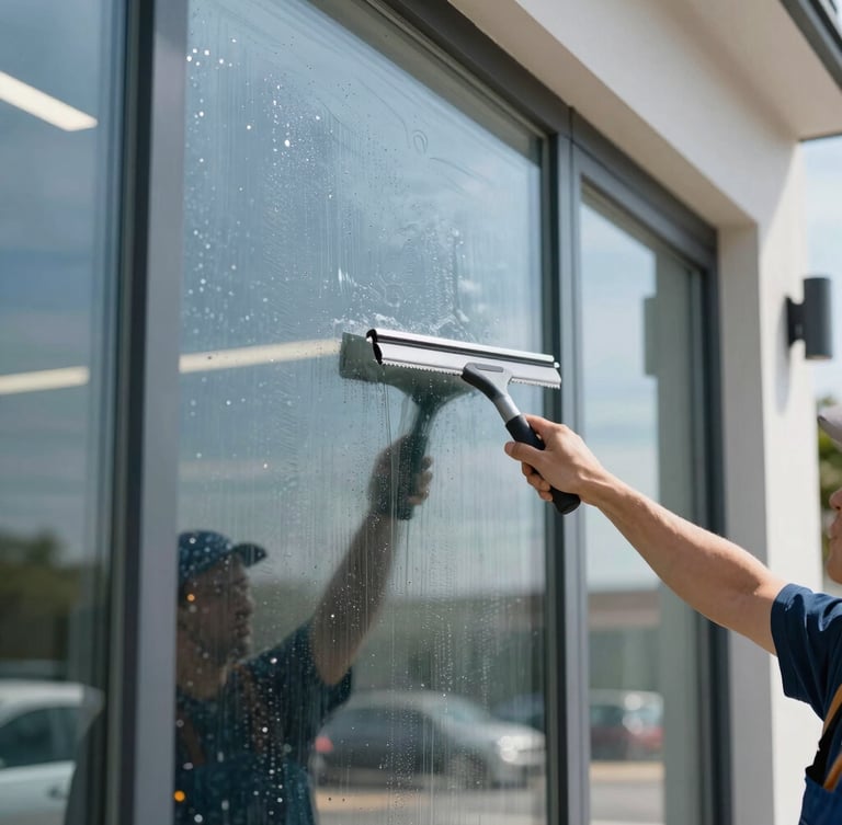 Close-up of a professional installer using a squeegee on a massive wet glass pane of a commercial storefront, bright daylight, sharp details