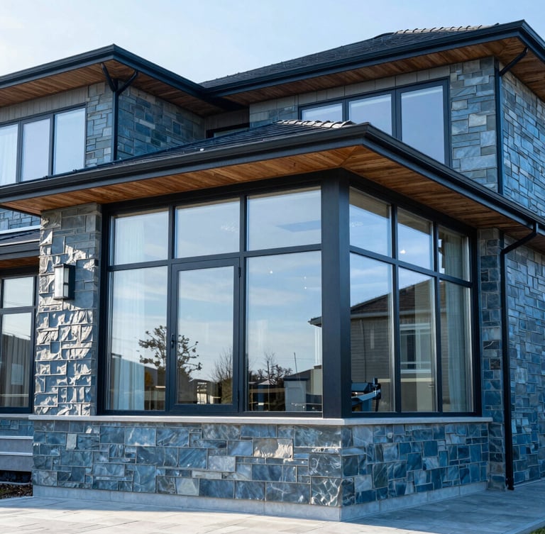 Wide architectural exterior of a modern Canadian home with large glass facades reflecting clean daylight, cool blue slate tones, 35mm lens