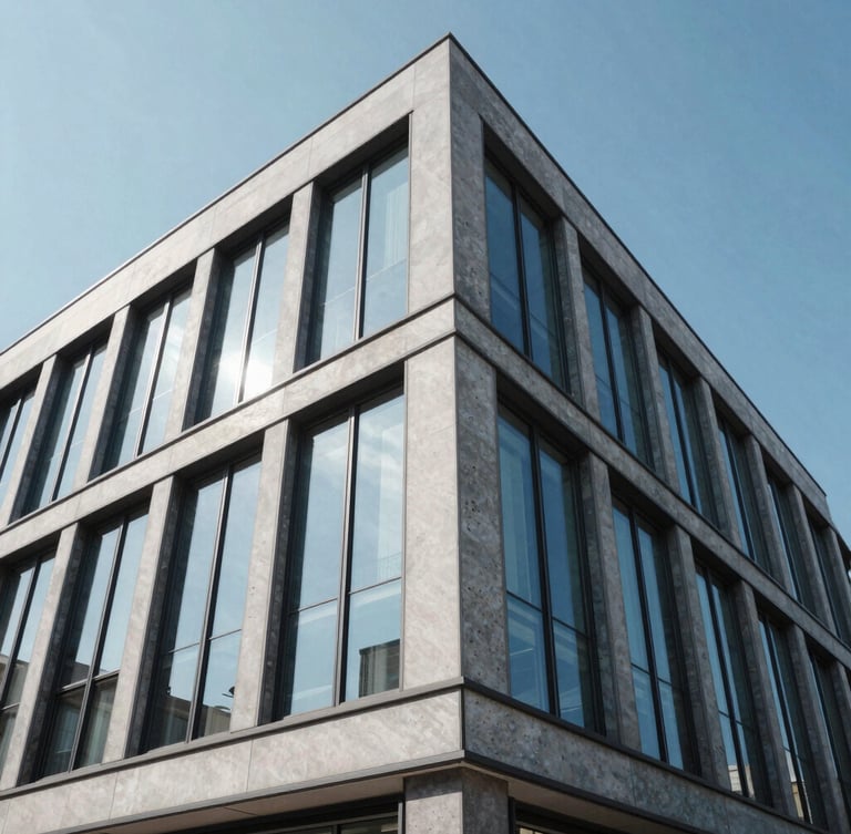 Wide-angle architectural exterior of a modern commercial building with dark tinted windows reflecting a bright blue sky, clean lines, 35mm lens