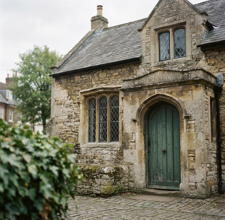 An off-center architectural composition of a historic stone building facade in Twickenham under soft overcast daylight, muted forest green tones, shallow depth of field, 35mm film photography.