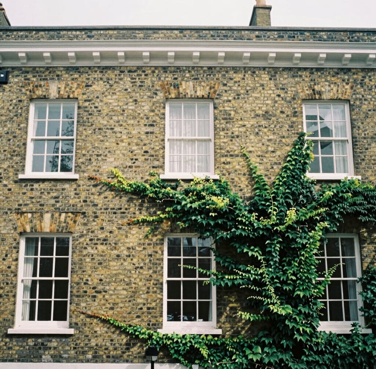 An off-center architectural crop of a Georgian brick facade in Twickenham under soft overcast daylight, natural window shadows, muted forest green ivy climbing the side, editorial film photography style