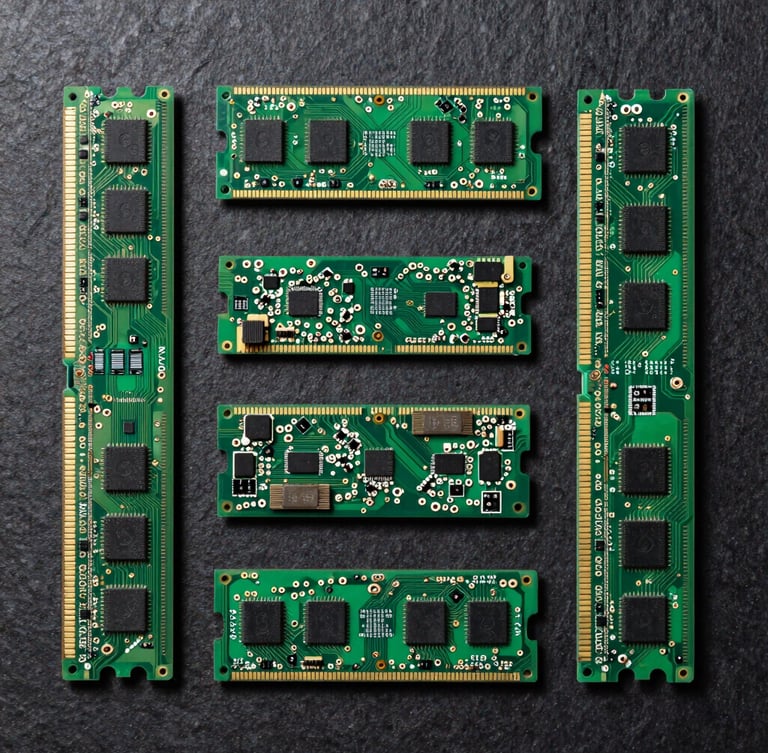 Overhead flat-lay of neatly organized green circuit boards and RAM modules on a dark slate background, high-contrast studio lighting, sharp technical details