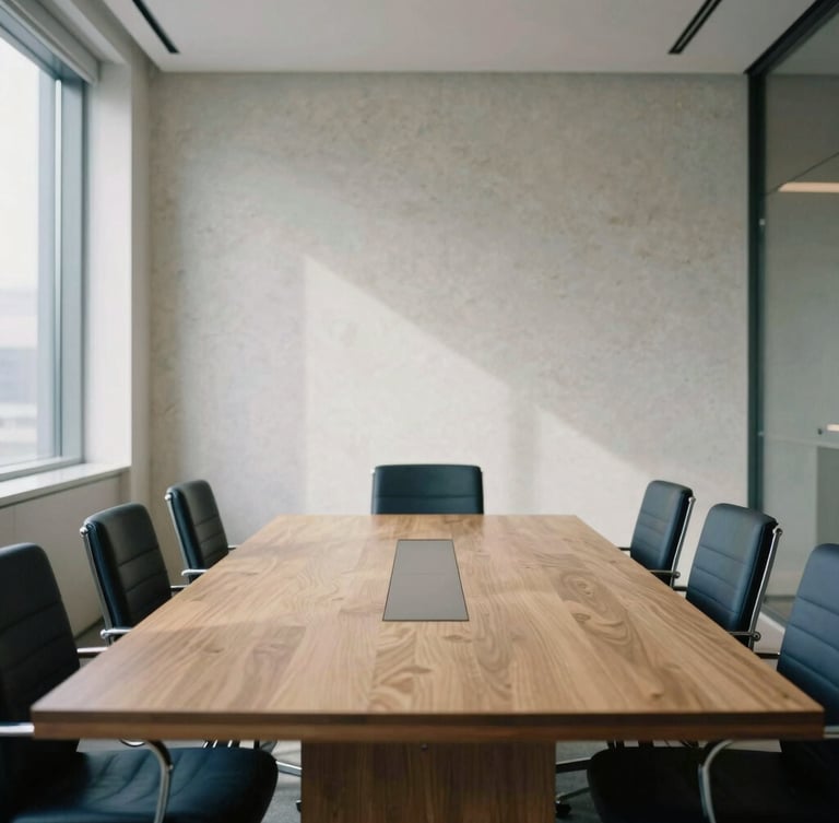 A minimalist corporate boardroom with a long oak table, soft natural daylight streaming through large windows, muted travertine tones, 35mm.