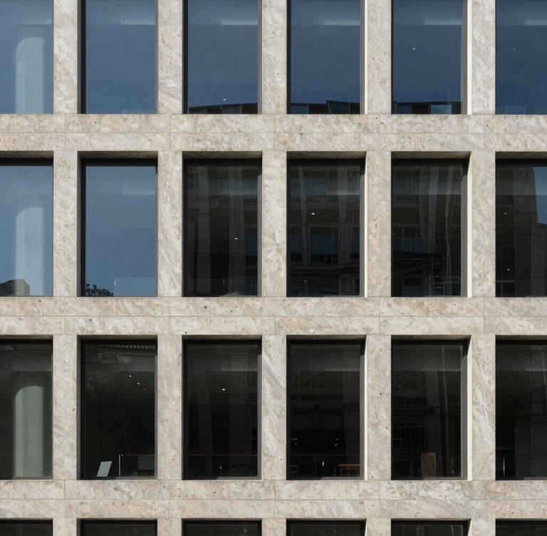 Architectural crop of a minimalist concrete and glass corporate headquarters, soft natural daylight, travertine stone textures, 35mm