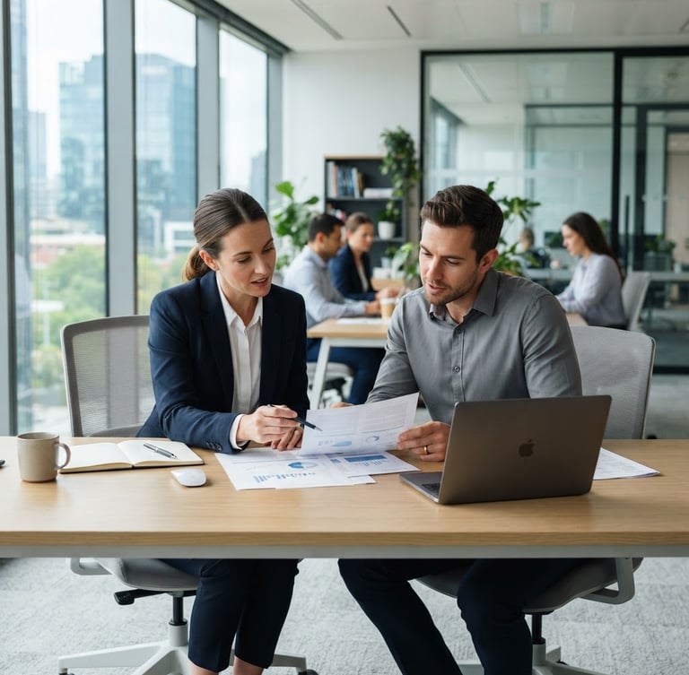 medium wide shot of two professionals reviewing a document at a clean modern office desk, bright natural daylight, practical work environment