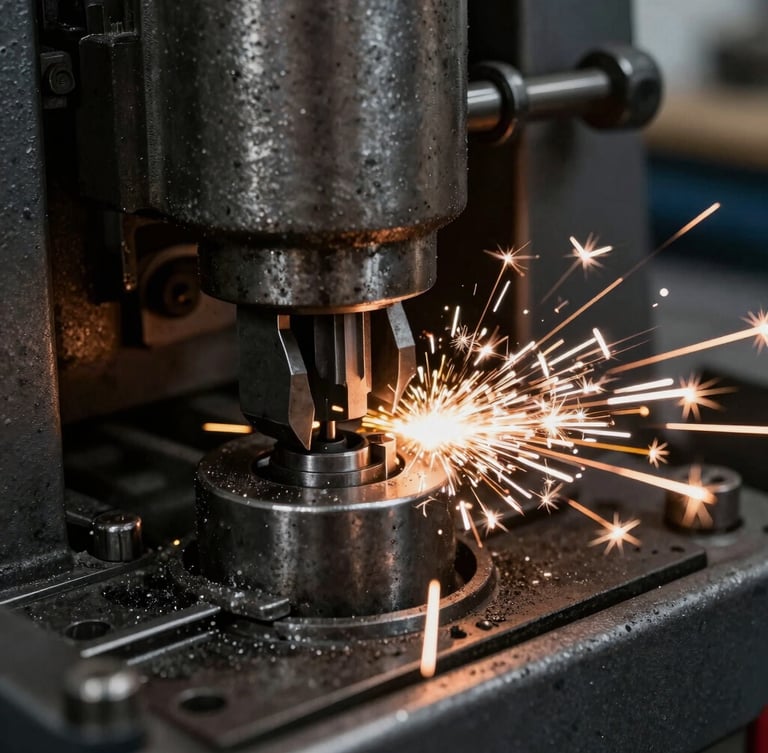 Macro shot of key cutting machine with sparks flying, high-contrast workshop lighting, metallic textures, sharp focus, 35mm