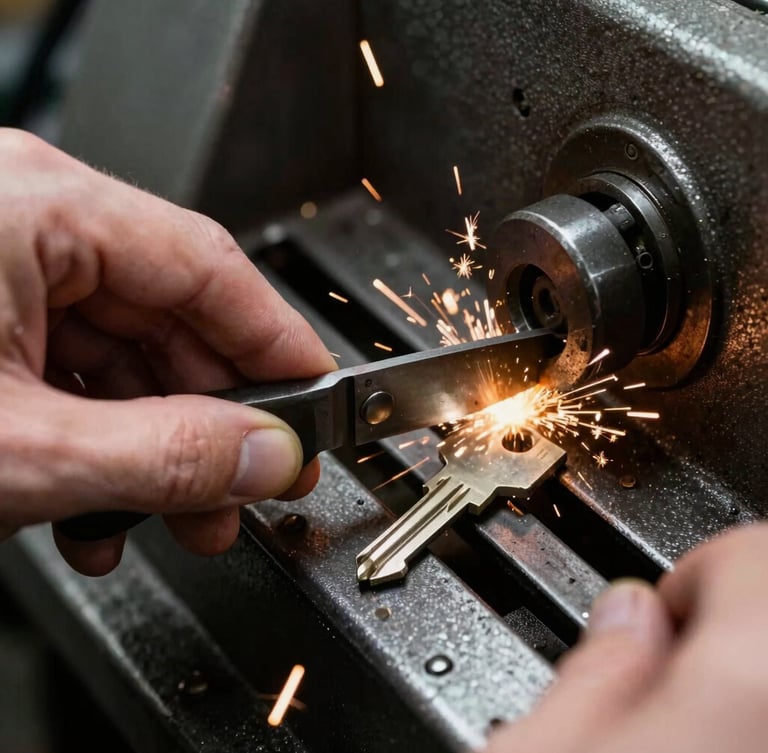 Close-up of hands cutting keys on a machine, sparks flying, high-contrast workshop lighting, metallic textures and deep shadows, sharp focus, 35mm