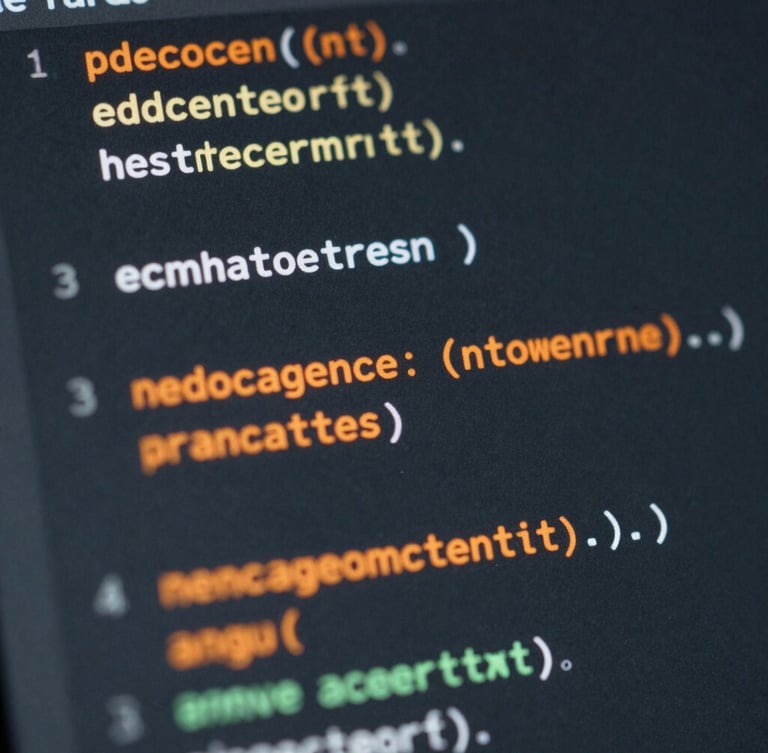 Extreme macro close-up of clean software code on a dark matte screen, cool diffused lighting with sharp warm orange reflection.