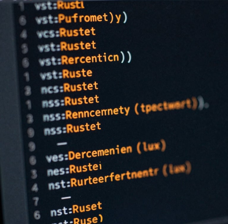 Extreme macro close-up of clean, well-commented Rust code on a dark screen, cool diffused studio light with sharp orange reflections on the glass.