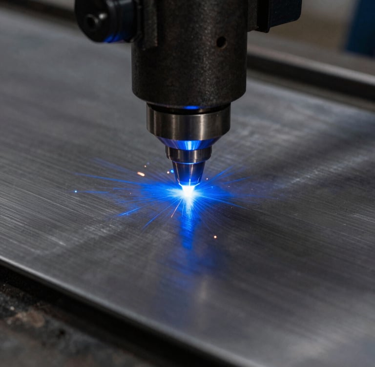Extreme close-up of a fiber laser cutting head emitting intense blue sparks on a sheet of raw stainless steel, high-contrast industrial workshop lighting, 35mm