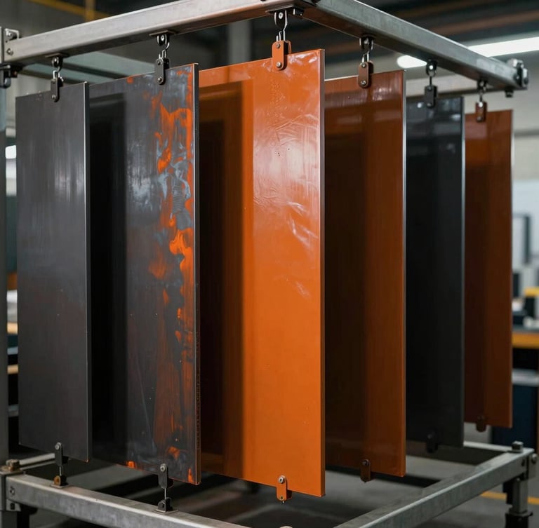 Powder-coated metal panels hanging on an overhead conveyor line inside a modern curing oven, deep orange and charcoal tones, industrial lighting, 35mm