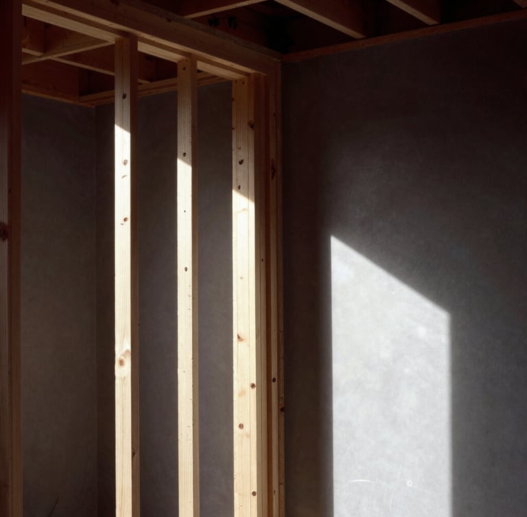Architectural interior under construction, crisp wood framing studs visible on one side transitioning to finished smooth drywall on the other, dramatic raking light, high contrast
