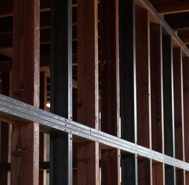 Raw geometric timber and steel wall framing under high-contrast dramatic raking light, sharp focus, architectural precision.