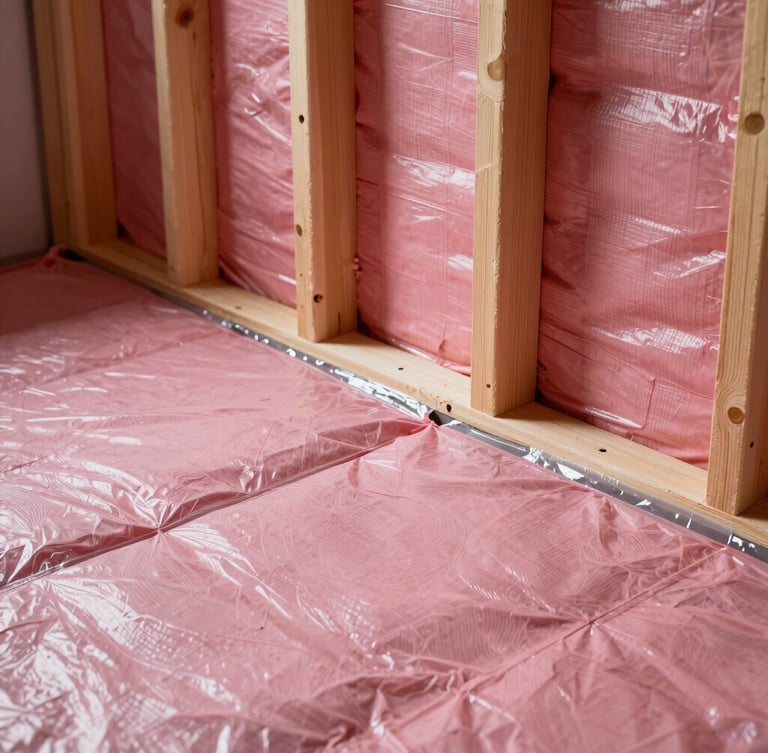 Close-up of perfectly installed pink insulation batts behind a taut, clean clear vapour barrier, acoustic sealant visible at the wood studs, crisp high-contrast lighting.