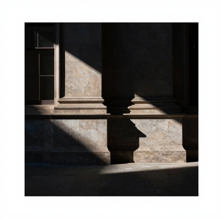 Dramatic architectural crop of a civic stone building with deep shadows and natural directional light, 50mm lens, high contrast