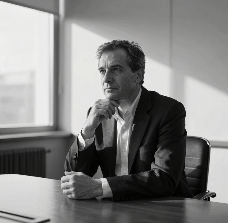 Candid black and white portrait of a thoughtful leader in a sunlit boardroom, natural directional window light, deep shadows, 50mm lens, professional
