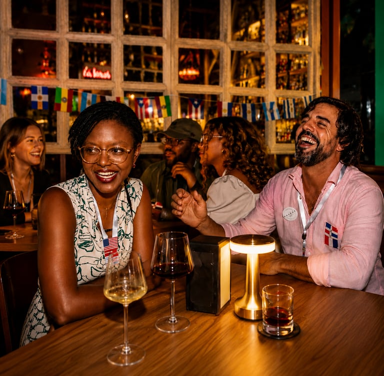 Diverse group of friends laughing at a cocktail bar with wine glasses and international flags.