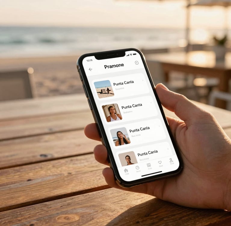 A premium smartphone displaying a minimalist community app interface, held by a hand on a sun-drenched wooden table at a beachside cafe in Punta Cana, soft shadows, warm editorial feel.