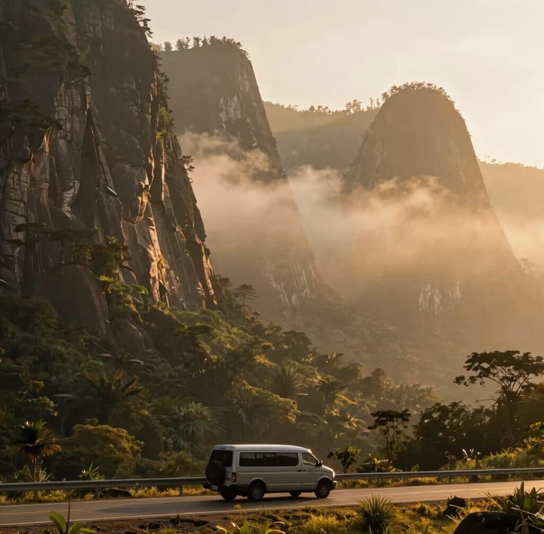Wide environmental shot of Harau Valley at sunrise, dramatic towering granite cliffs shrouded in soft morning mist, a luxury transport vehicle parked quietly on a clean paved road in the lower third, warm golden light, cinematic 35mm lens