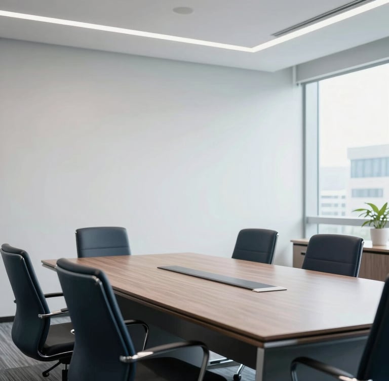 Modern corporate boardroom in Jakarta, bright natural office light, clean architectural lines, professional setting, 35mm