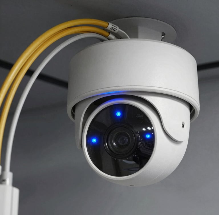Close-up of a high-end dome camera mounted next to structured fiber optic lines, illuminated by sharp electric blue status LEDs, metallic gray background, technical angle.