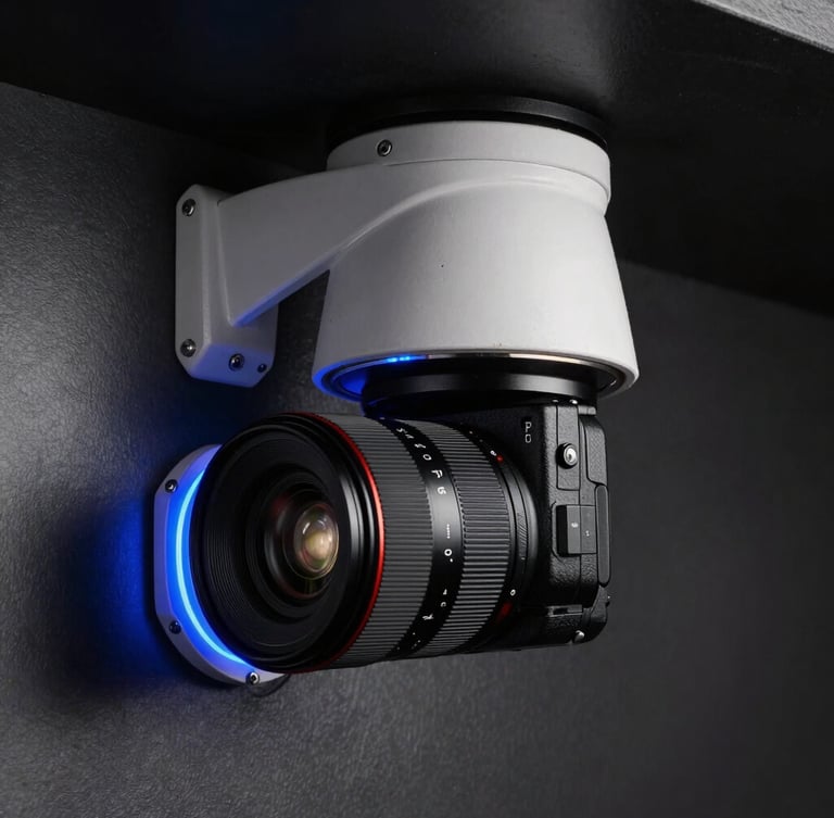 Vista de perfil técnico de una cámara domo de alta gama con anillo LED azul eléctrico encendido, montada sobre una superficie metálica oscura, iluminación dramática de bajo contraste.