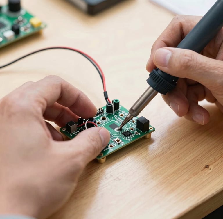 Macro shot of hands assembling an electronic circuit board with wires and soldering iron on a wooden workshop table, bright natural light, crisp industrial photography