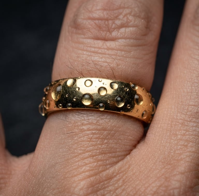 Extreme macro shot of a solid 14k gold ring on skin, water droplets clinging to the metal, high-contrast studio lighting, deep charcoal background