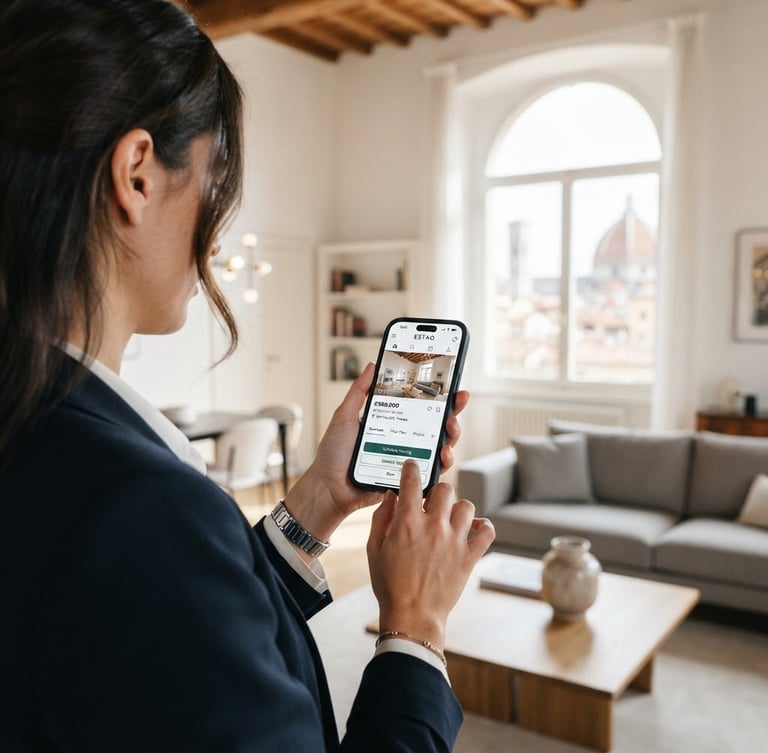 Real estate agent using Estao.app on a smartphone in a modern, bright Italian apartment, shallow depth of field, over-the-shoulder shot showing the app interface clearly.