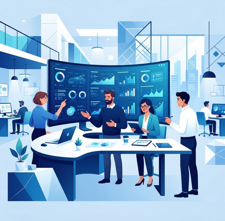 Clean vector illustration of a modern digital workspace with flat geometric shapes, subtle blue gradients, depicting collaborative professionals analyzing data dashboards.