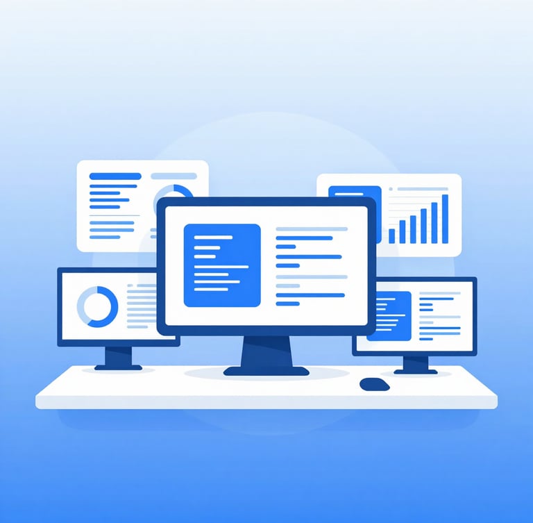 A clean vector illustration of a modern digital workspace with flat geometric shapes, subtle blue gradients, depicting collaborative charts and code interfaces on screens, professional and minimalist