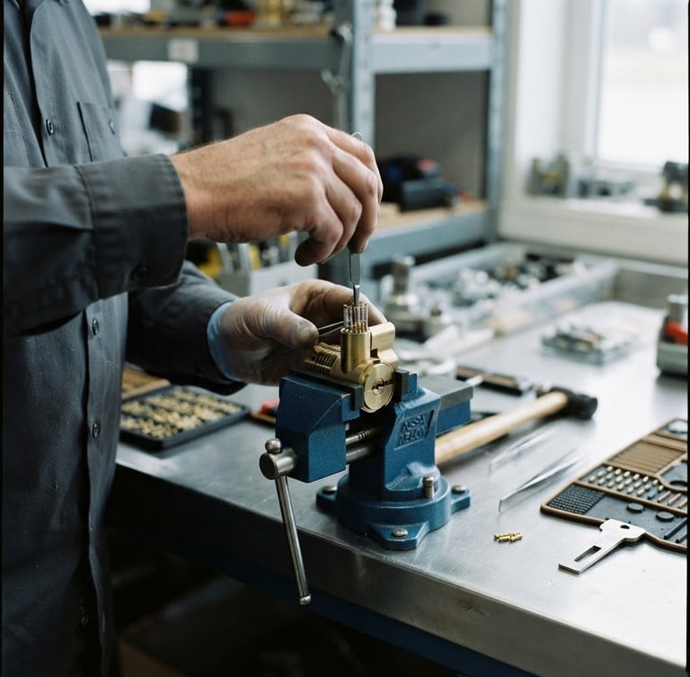 Close-up of a professional locksmith's hands expertly rekeying a high-security brass lock cylinder on a clean workbench, cool steel tones, sharp focus, 35mm