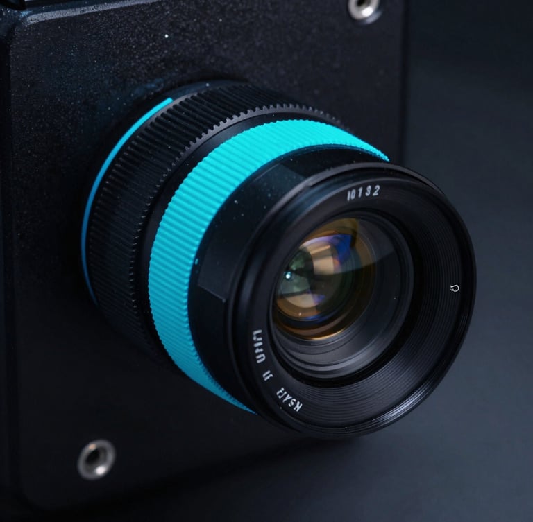 Macro technical photography of a high-precision cleanroom instrument with sharp neon cyan highlights on dark charcoal surfaces, 35mm lens