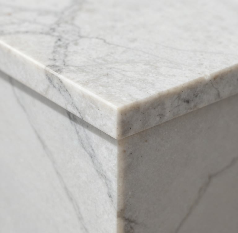 Macro shot of a book-matched marble countertop seam, bright natural daylight, invisible joint, crisp polished stone texture
