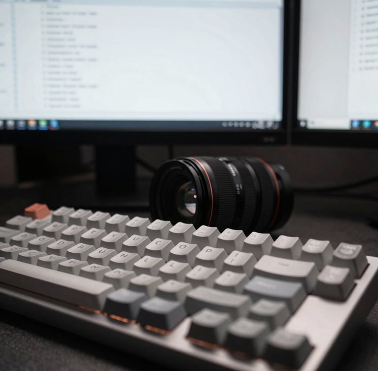 Macro overhead shot of a mechanical keyboard and dual monitor setup displaying clean CRM database schemas, cool overcast daylight, desaturated tones with sharp contrast, 35mm lens