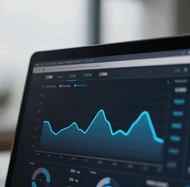 Macro close-up of a high-contrast CRM dashboard showing revenue attribution graphs on a dark screen, cool overcast office lighting, desaturated tones with sharp electric blue data lines, 35mm lens