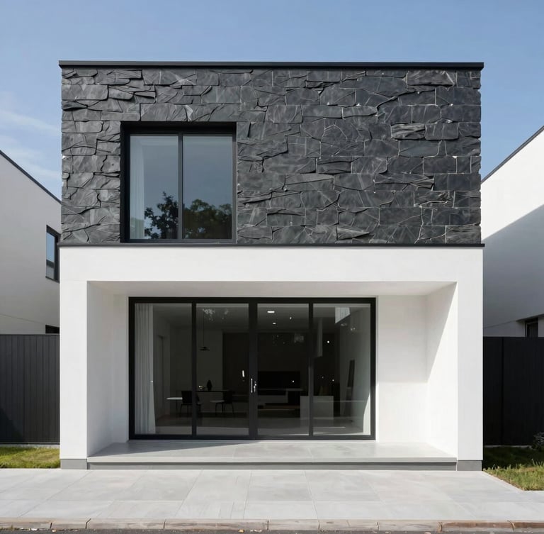 Straight-on architectural elevation of a modern minimalist house facade, bright natural daylight, sharp clean shadows, high-contrast slate and white tones