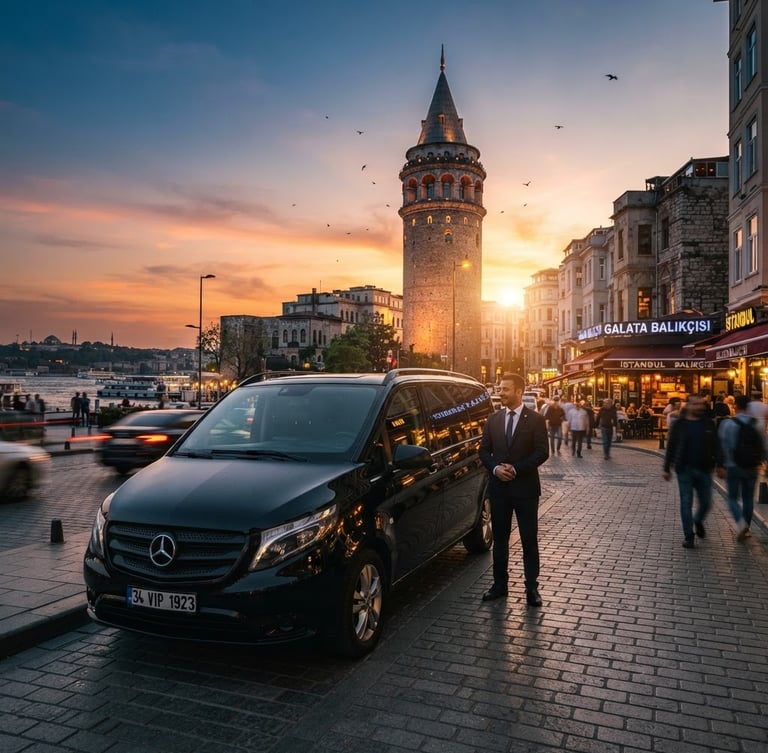 Wide angle shot of a spotless black Mercedes Vito parked near Galata Tower at dusk, golden hour reflections on sleek car body, professional chauffeur waiting, 35mm