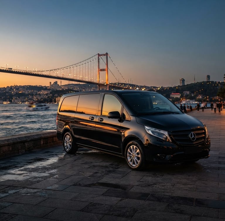 Sleek automotive photography of a spotless polished black Mercedes Vito parked near Bosphorus Bridge at dusk, golden hour reflections on the metallic body, sharp focus, 35mm