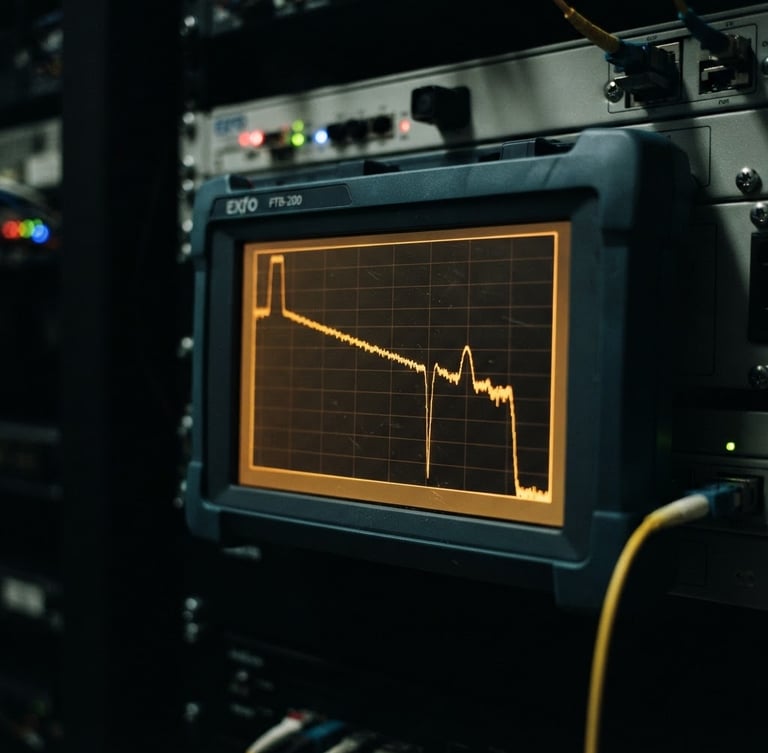 Crisp technical photography of an OTDR trace graph on a dark dashboard screen, glowing amber waveform, high contrast, low-key server room lighting, 35mm