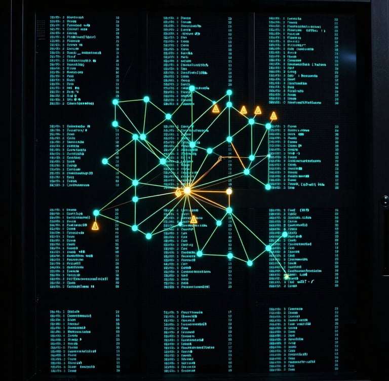 Straight-on screenshot of a high-density network topology map on a dark screen, glowing cyan nodes connected by thin emerald lines, amber warning indicators on a degraded link, monospace data overlays, low-key technical aesthetic.