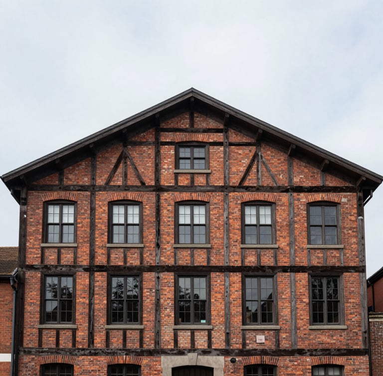 Straight-on architectural elevation of a restored brick and timber building, clean overcast daylight, sharp structural lines, negative space above.