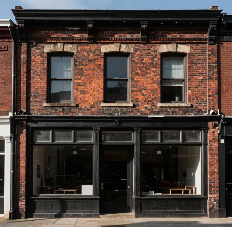 Straight-on architectural elevation of a restored brick and timber commercial building, dramatic side lighting casting long shadows across the facade, highly detailed masonry.