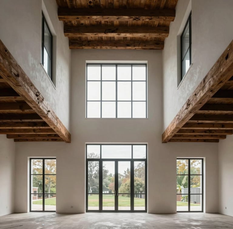 Straight-on architectural elevation of a high-volume residential interior, double-height ceilings, exposed original timber beams, soft overcast natural daylight pouring through steel-sash windows.