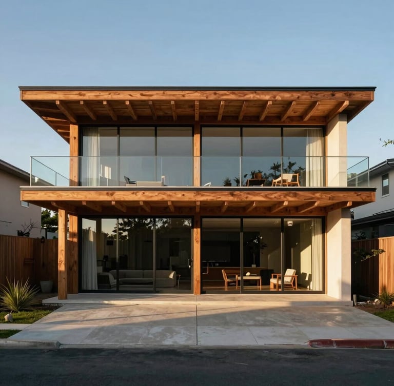Straight-on architectural elevation of a mid-century modern residence, exposed timber beams, floor-to-ceiling glass walls, warm late afternoon low-sun casting long shadows.