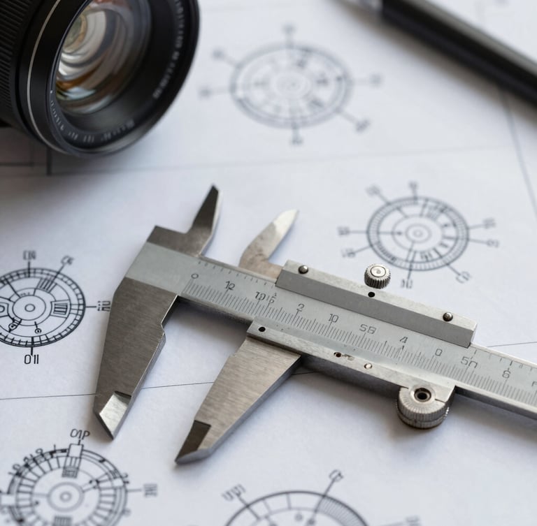Macro close-up of technical blueprint schematics overlaid with a steel caliper, stark natural lighting on a work desk