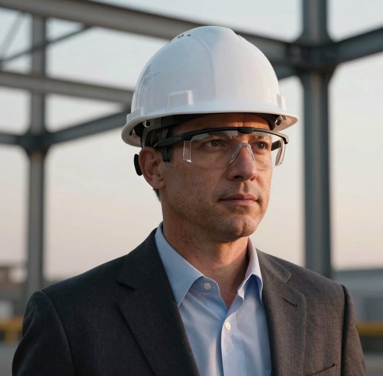 A professional portrait of CEO Darren S. Gollehon on site, wearing a clean white hard hat and safety glasses, looking off-camera against a background of steel infrastructure at dawn.