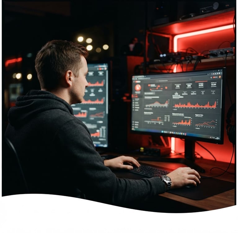 Over-the-shoulder shot of a video editor analyzing a YouTube analytics dashboard, glowing monitors, neon red key lights, shallow depth of field, cinematic 35mm.